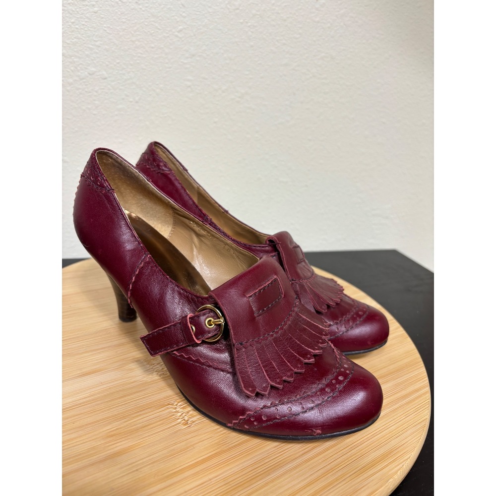 All Black Kiltie Loafer Pumps 38.5 Burgundy Leather Brogue Buckle Heels‎ 7.5-8